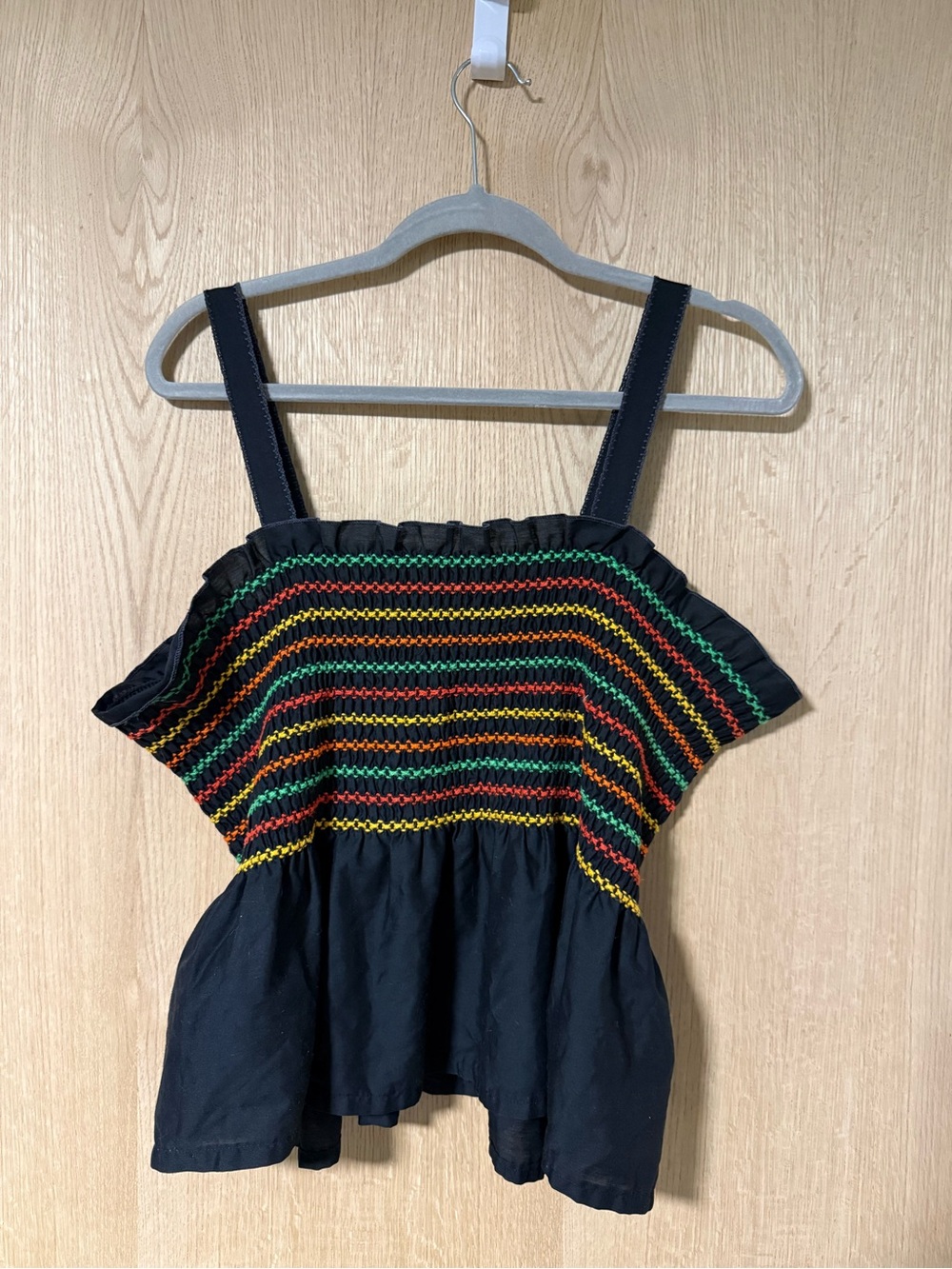 Black Smocked Tank Top with Red, Green & Yellow Stripes no tags fits like XL